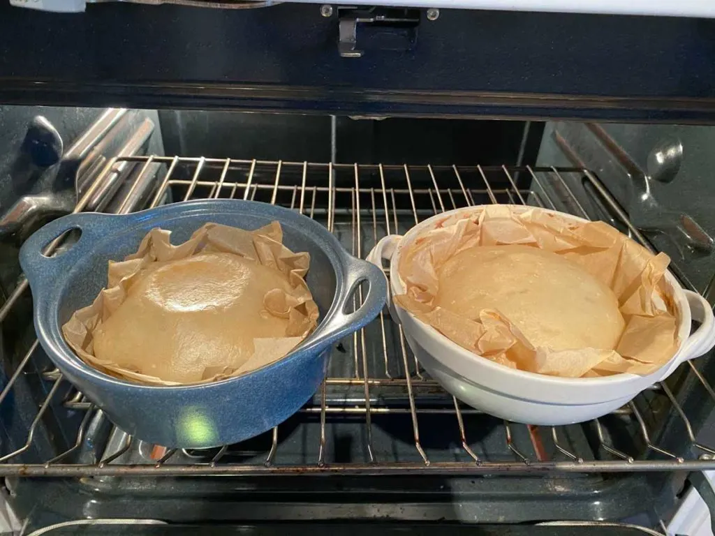 two loaves of no-knead bread in the oven