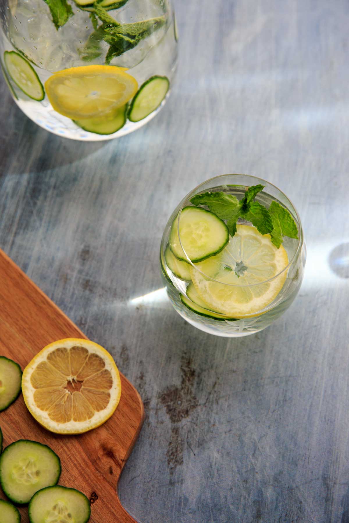 cucumber, lemon mint water in glass
