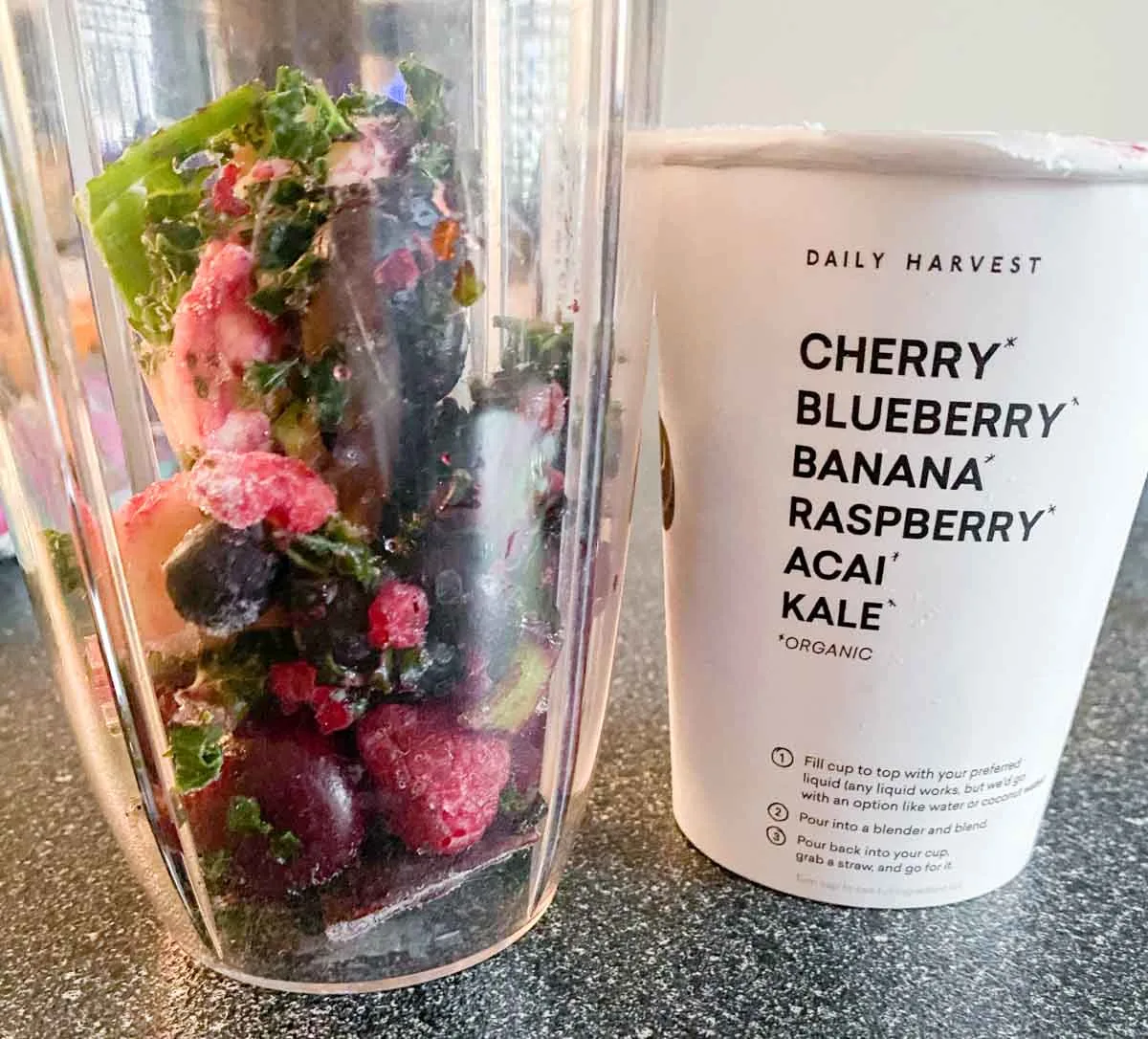 daily harvest review of the cherry acai smoothie flavor in blender before blending 