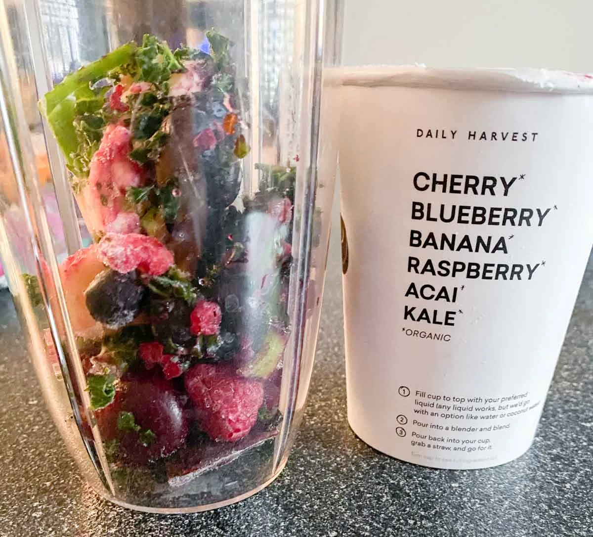 daily harvest review of the cherry acai smoothie flavor in blender before blending