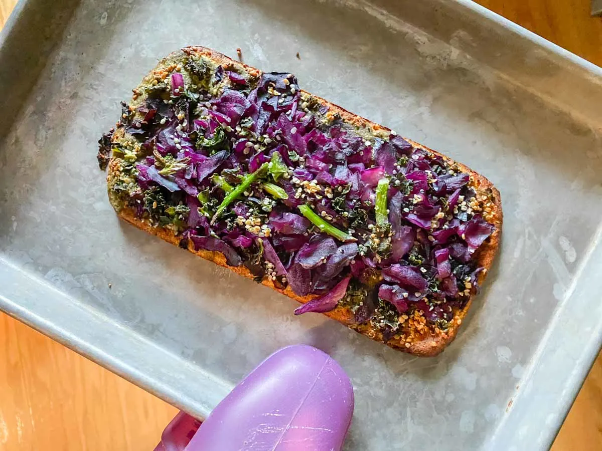 Daily Harvest flatbread flavor kale + coriander sweet potato on sheet pan after baking