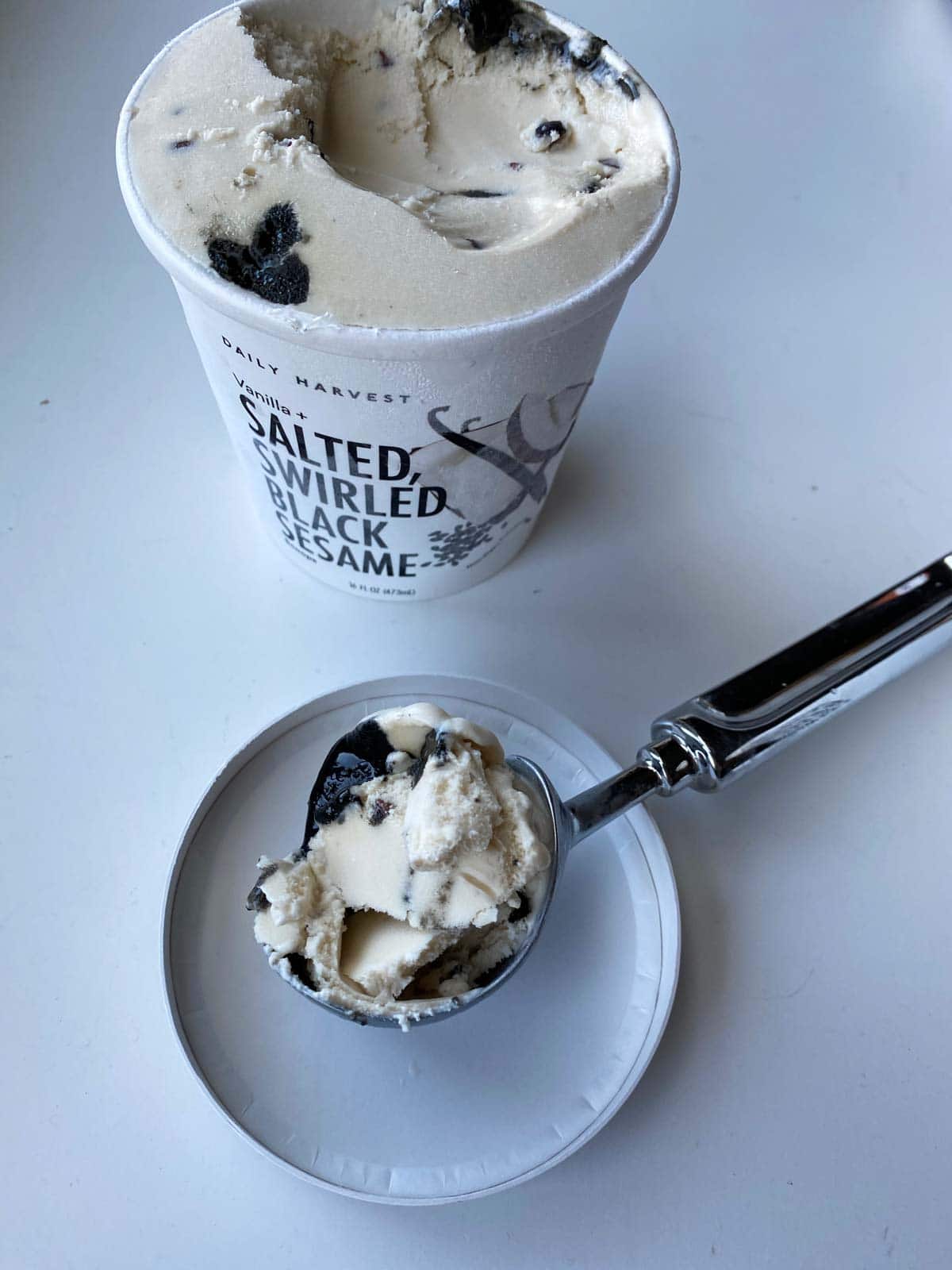vanilla and salted black sesame swirl scoops from daily harvest - vegan ice cream
