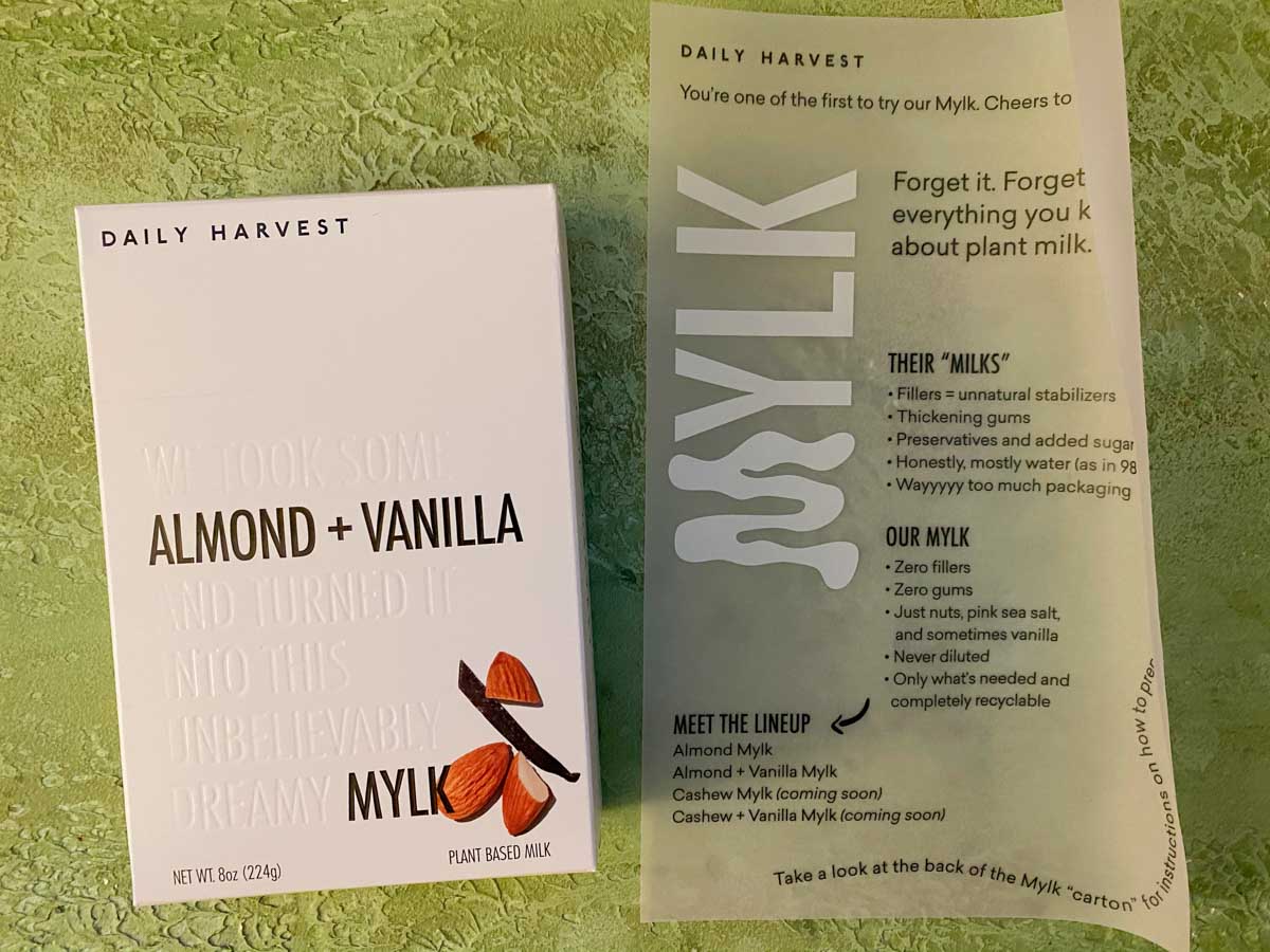 Daily Harvest almond vanilla mylk info sheet