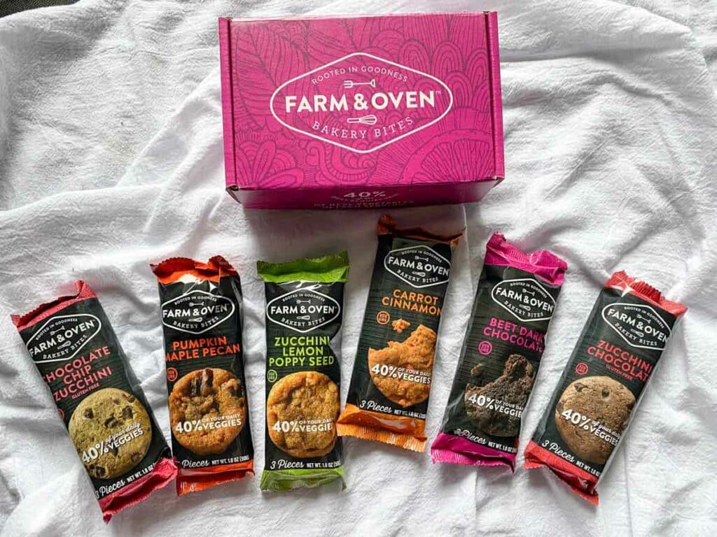 6 flavors from farm & oven displayed with box