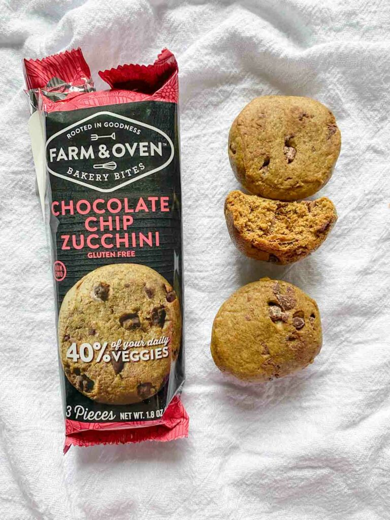 chocolate chip zucchini flavor from Farm & oven with the three bites outside of packaging