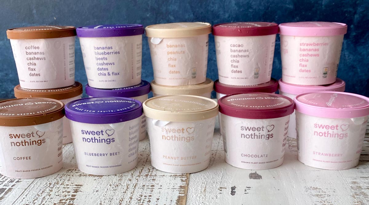 All five flavors of Sweet Nothings spoonable flavors with their labels and ingredients