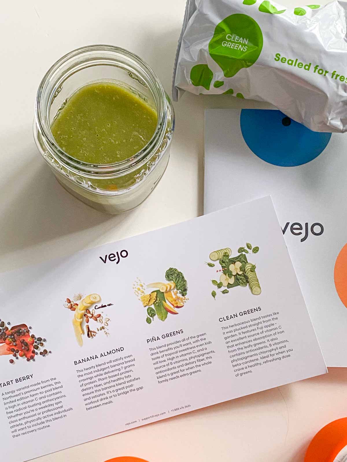 Clean green iuice with vejo info facts card - vejo review
