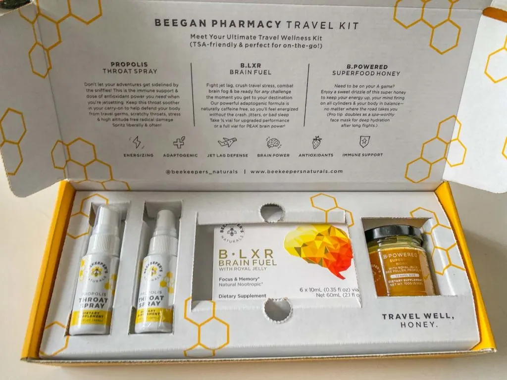 beekeepers naturals beegan pharmacy travel kit box contents