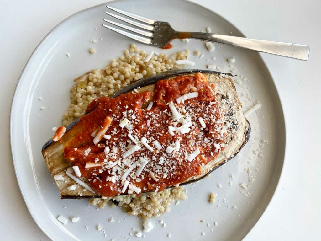 vegan glutenfree eggplant parmesan with cous cous from Purple Carrot meal kit