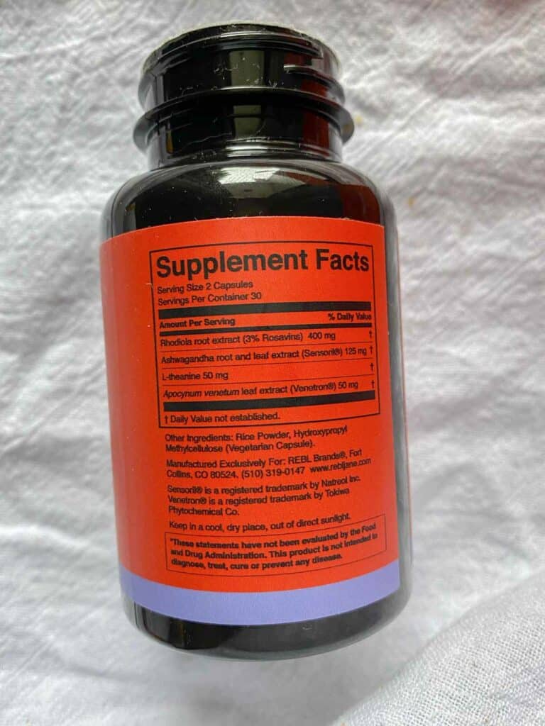 Rebl Jane Stress Fighter bottle supplement facts label