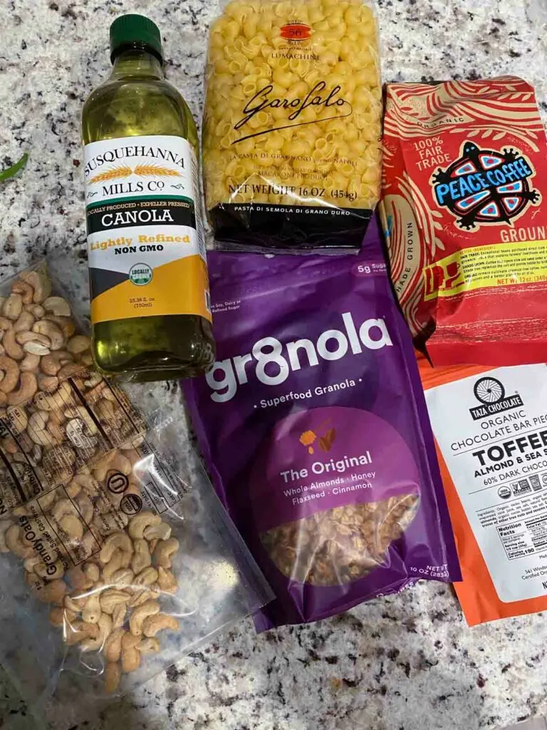 example of Misfits Marketplace pantry items order - canola oil, pasta, coffee, granola, toffee and cashew