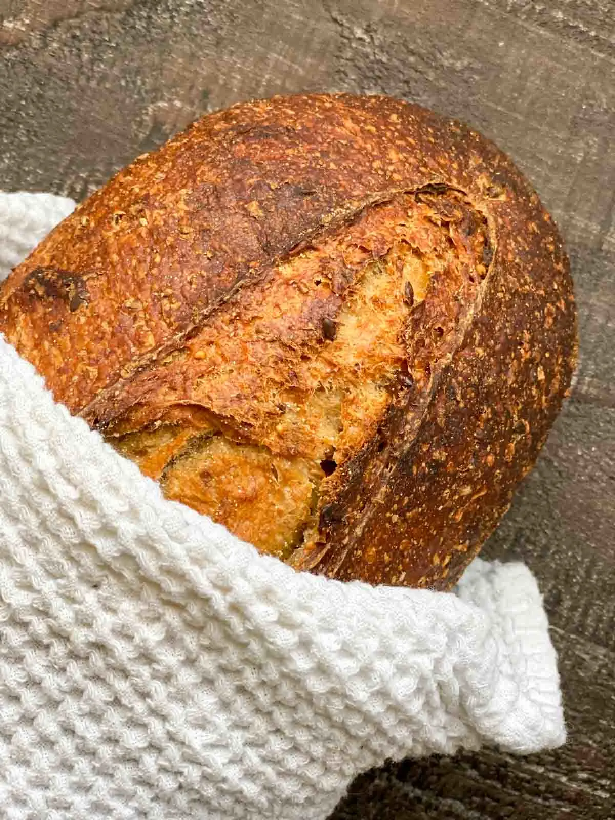 Wildgrain loaf of 7-grain sourdough bread after baking, wrapped in tea towel