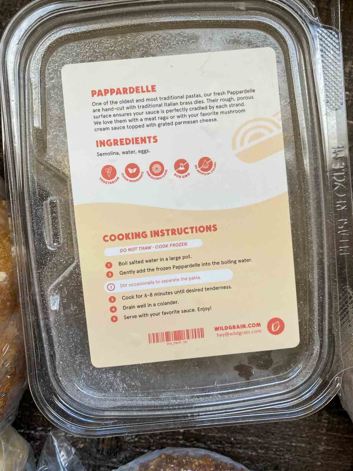 wildgrain pappardelle pasta in container
