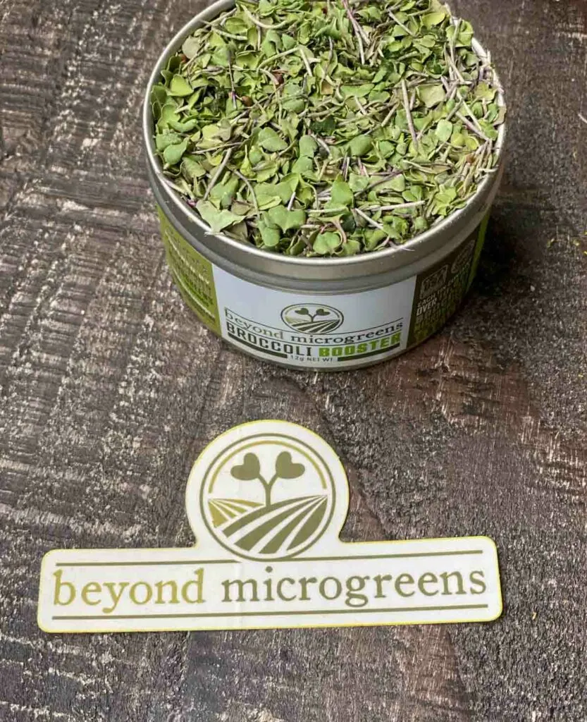 broccoli booster canister next to a beyond microgreens sticker.