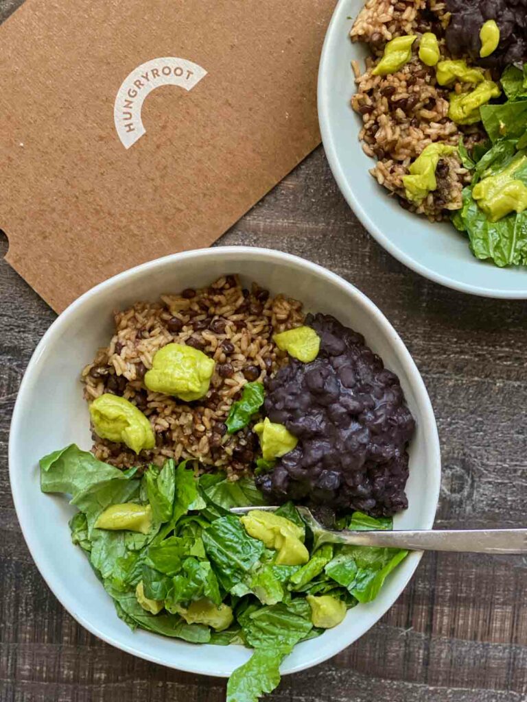 grain bowl with black beans, lettuce and quinoa blend with avocado cream from hungryroot