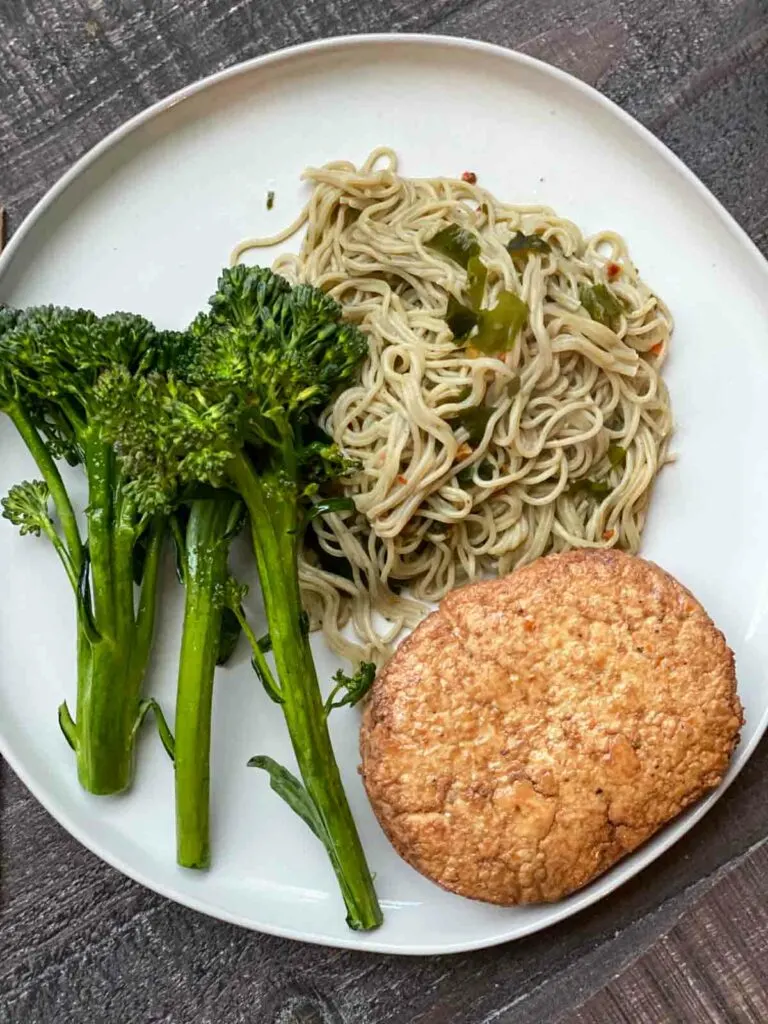 broccolini, veggie burger and rice ramen from hungryroot