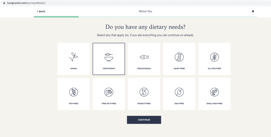 do you have any dietary needs? hungryroot ordering step 1 quiz