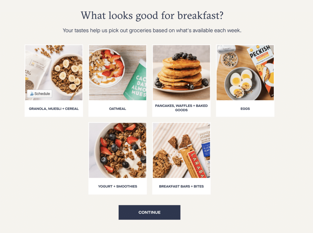 What looks good for breakfast? pancakes, eggs, snack bar, smoothie bowl, yogurt and berries