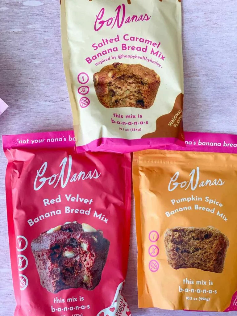3 bags of GoNanas mix bags - red velvet, pumpkin spice and salted caramel banana bread