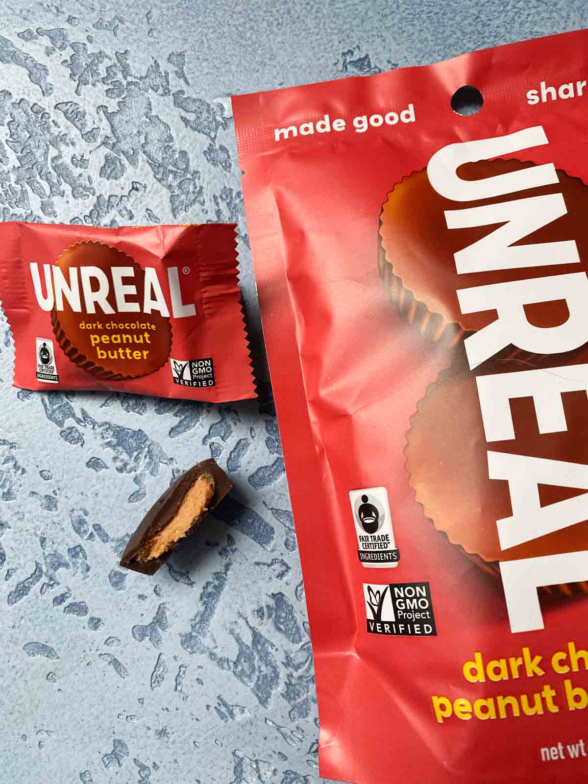 Unreal dark chocolate peanut butter cups package and showing inside of cup
