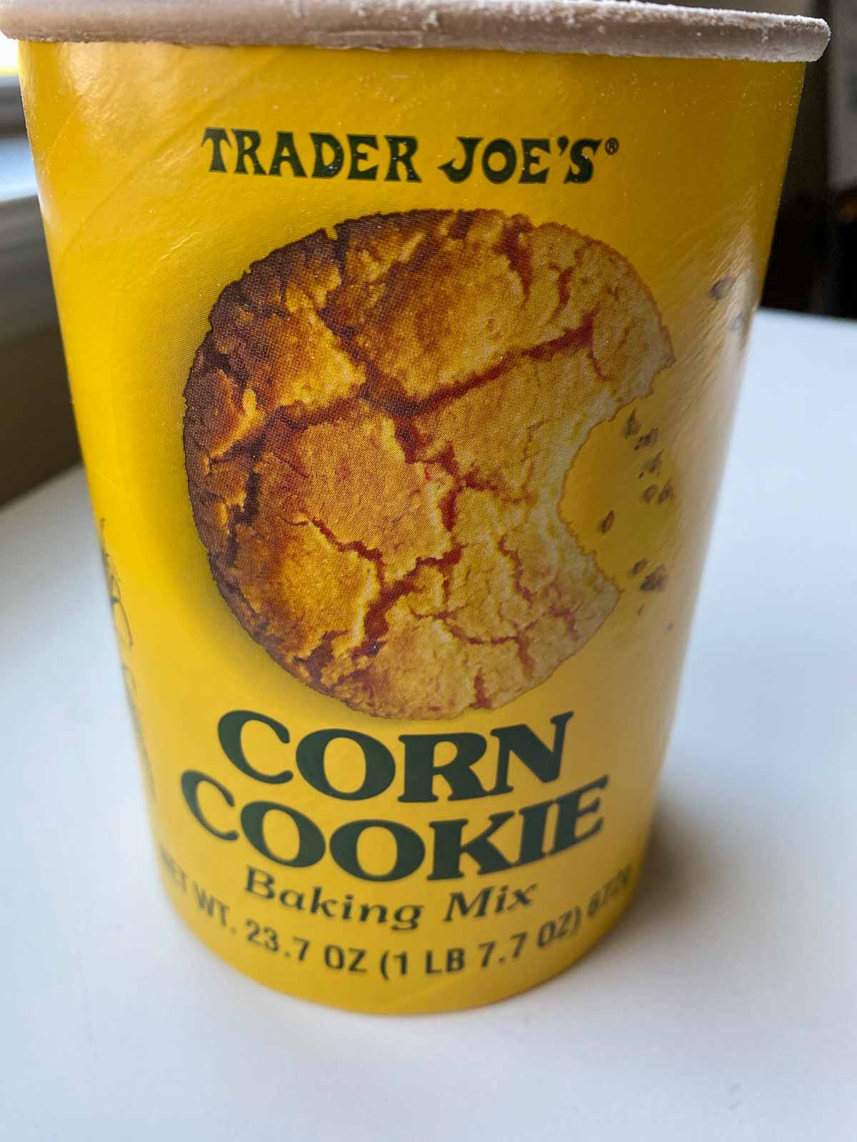 Trader Joe's corn cookie baking mix tub