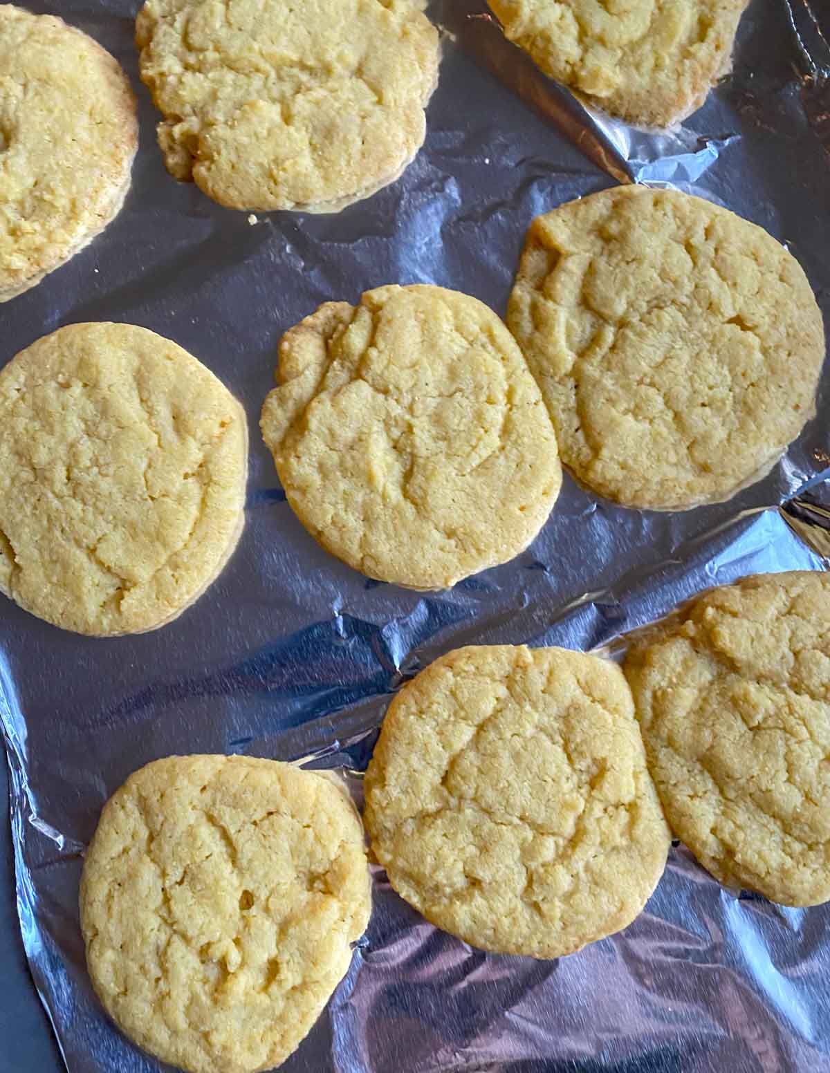 Trader Joe's corn cookies on baking sheet right out of the oven