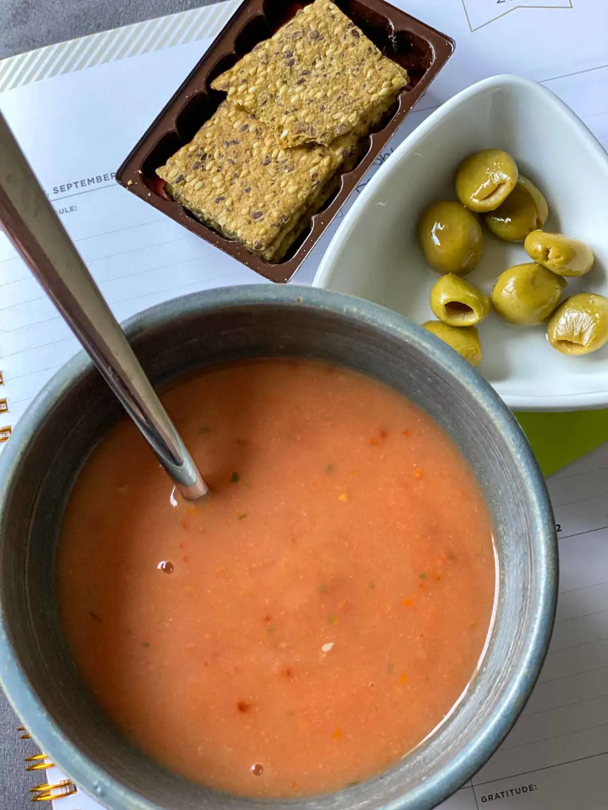 prepared tomato soup, kale crackers and green olives from day 1 of prolon