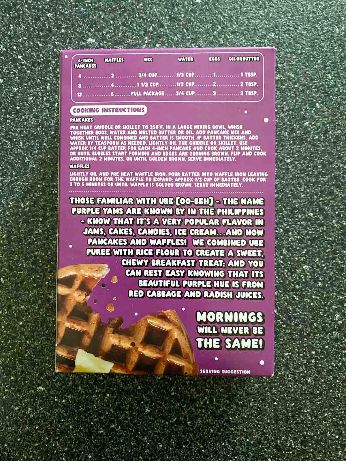 Ube Mochi pancake and waffle mix from Trader Joe's - back of box instructions