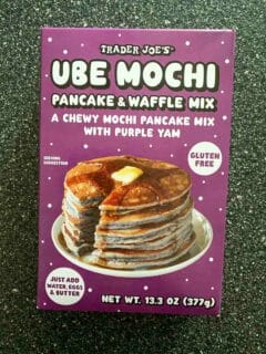 Ube Mochi pancake and waffle mix from Trader Joe's front of box