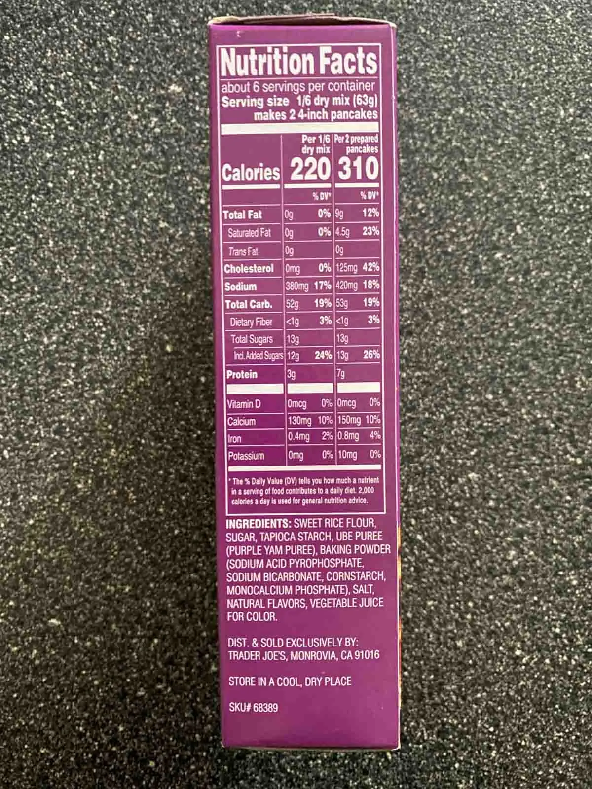 Ube Mochi pancake and waffle mix from Trader Joe's - side of box nutrition facts