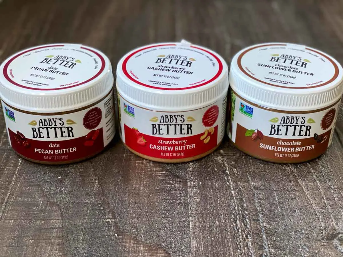 3 jars of Abbys Better Nut butters - date pecan butter, strawberry cashew butter, chocolate sunflower butter