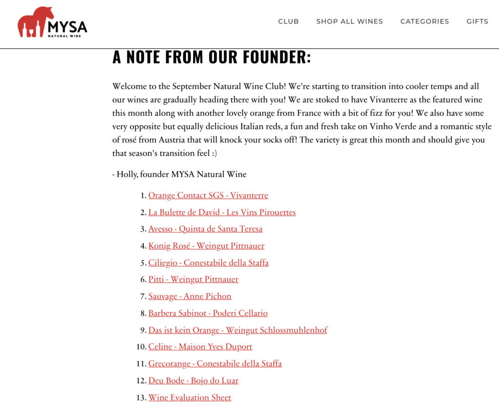 screenshot of list of wines in september mysa wine club 