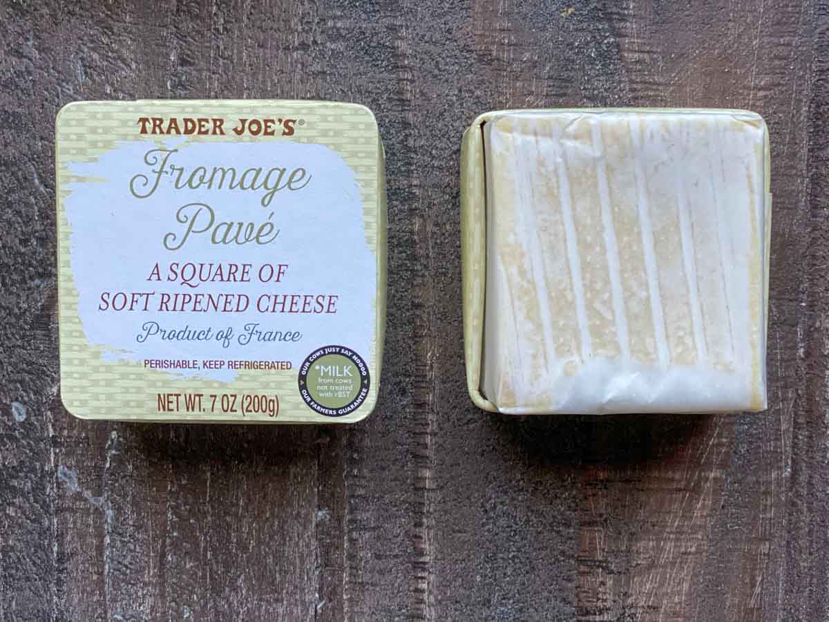 Fromage pavé cheese block from Trader Joe's shown uncut in box