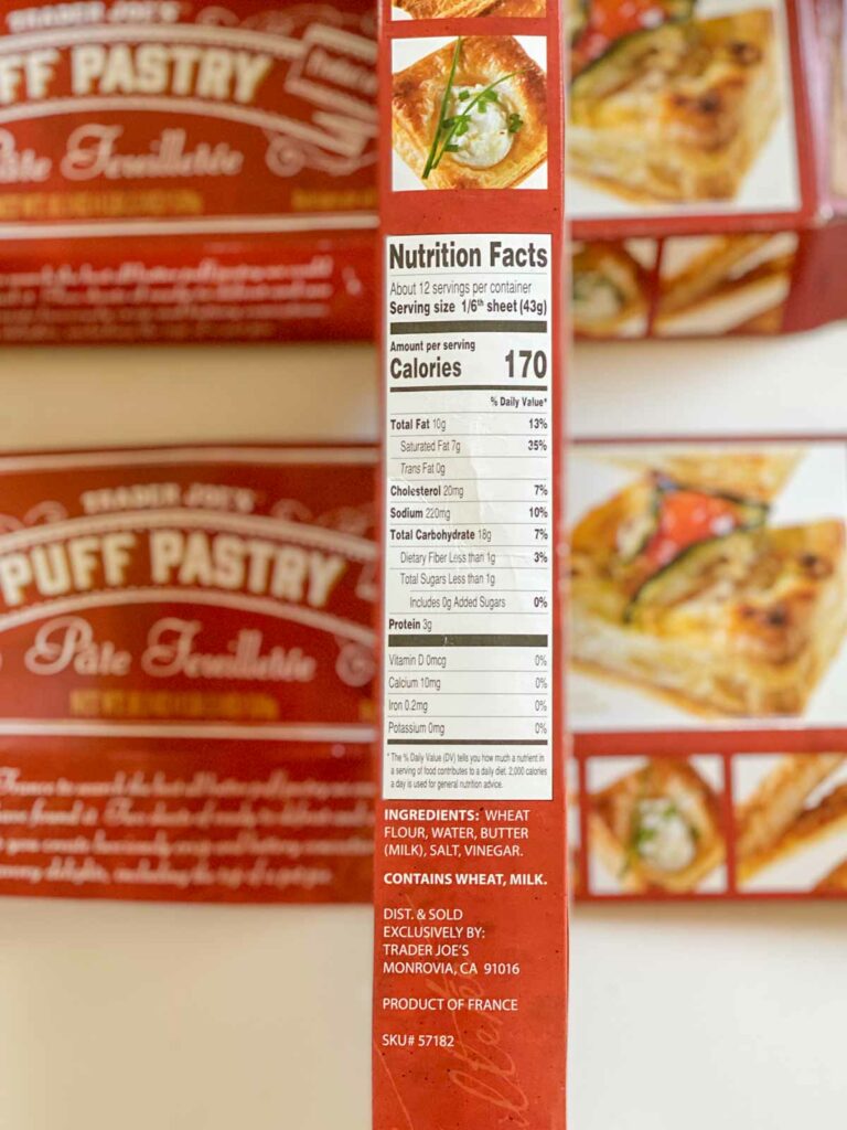 nutritional facts and ingredients label side of box of Trader Joe's all-butter French puff pastry