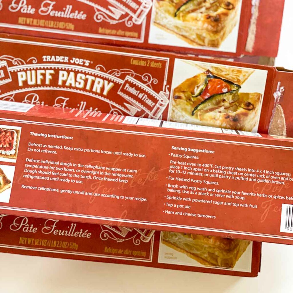 thawing instructions and serving suggestions for Trader Joe's all-butter French puff pastry