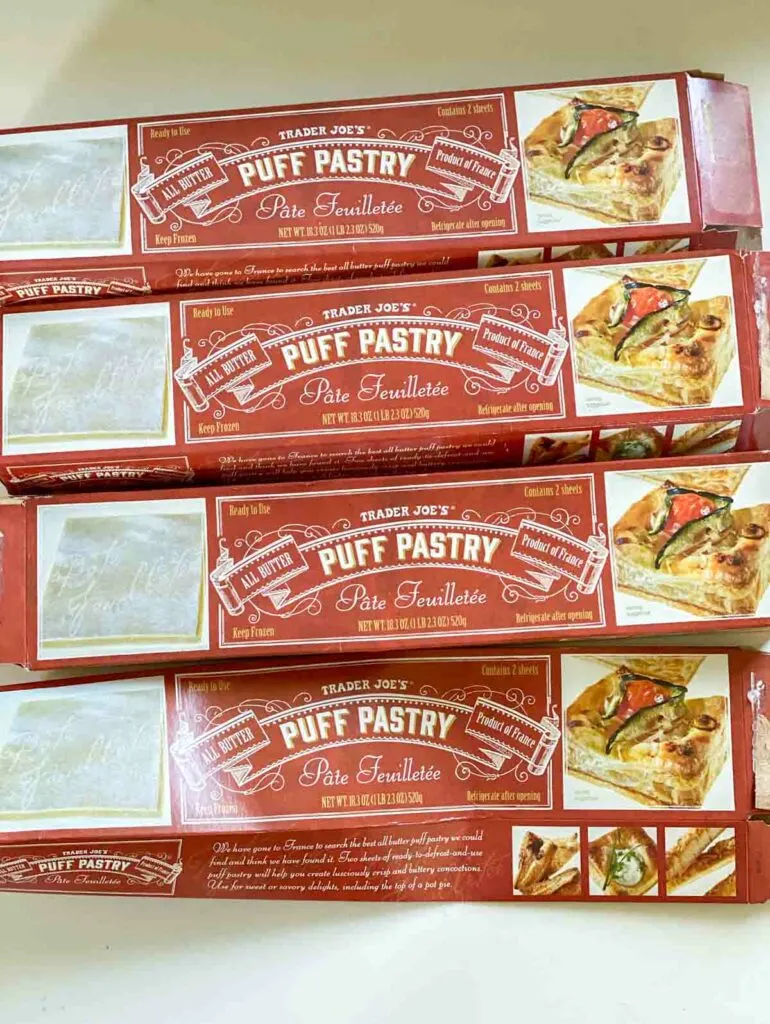 four boxes of Trader Joe's French frozen puff pastry