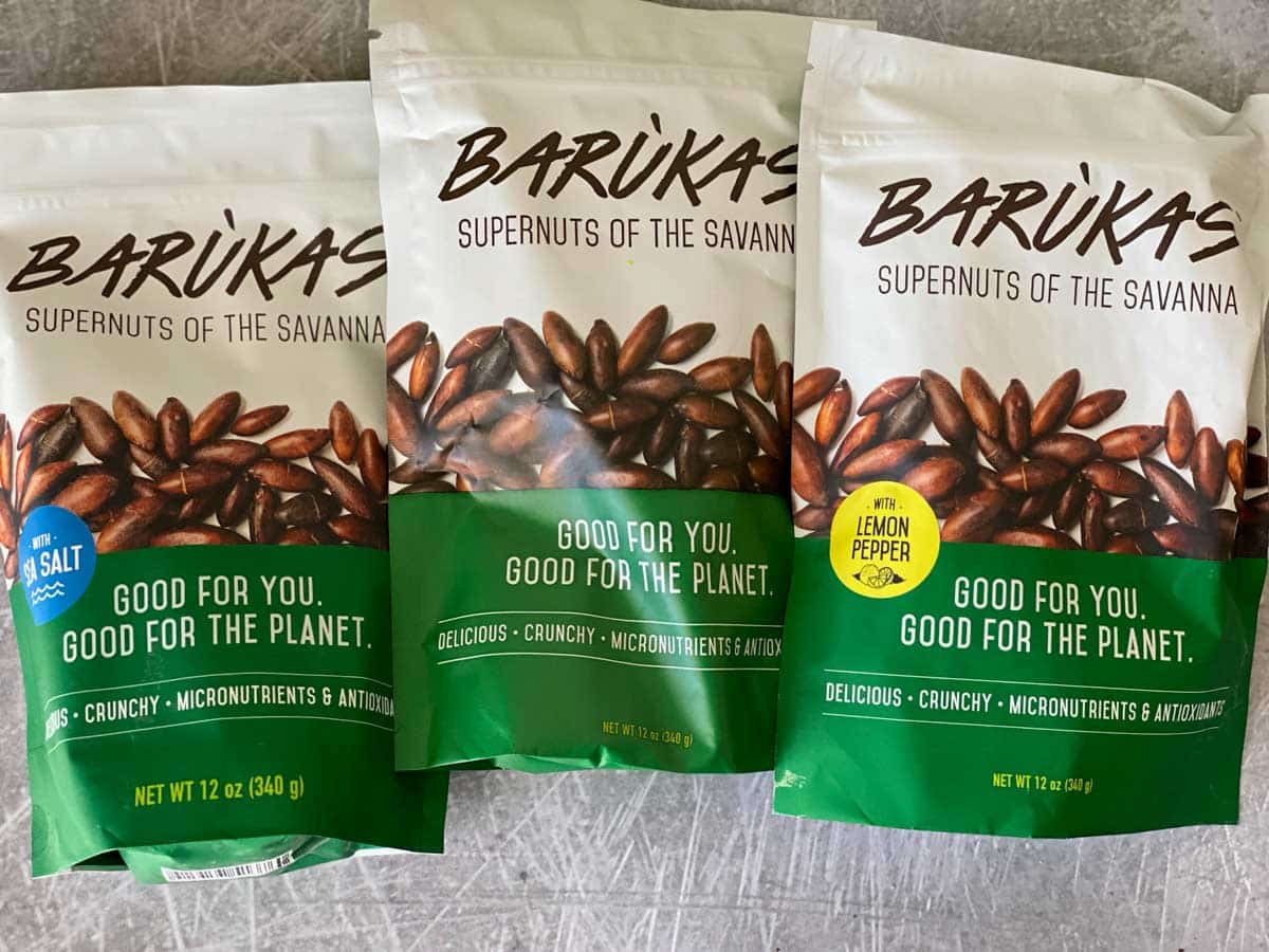 3 bags of Barukas nuts in sea salt flavor, original, and lemon pepper flavor