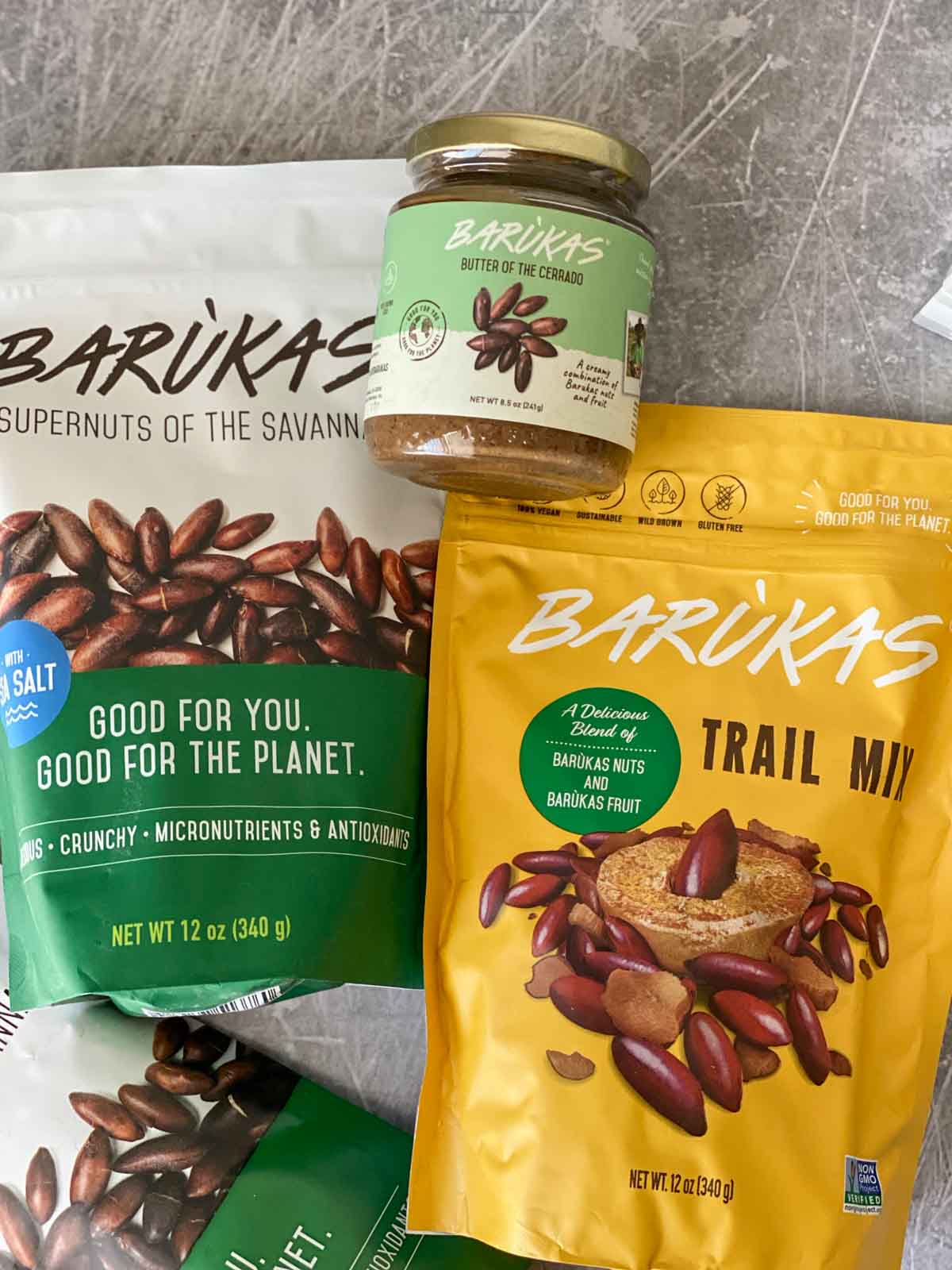 barukas butter jar, trail mix package and original sea salt barukas package