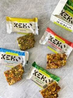 4 flavors of KEHO snack bars with a bite taken out