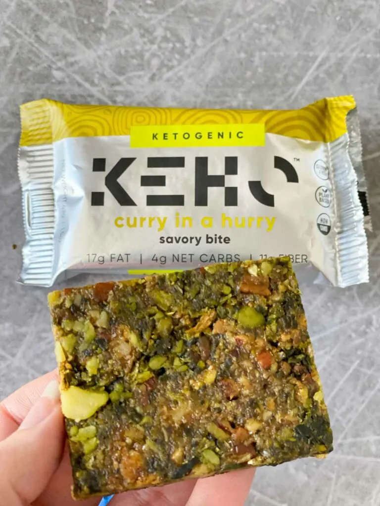 KEHO "curry in a hurry" flavor in-hand next to wrapper