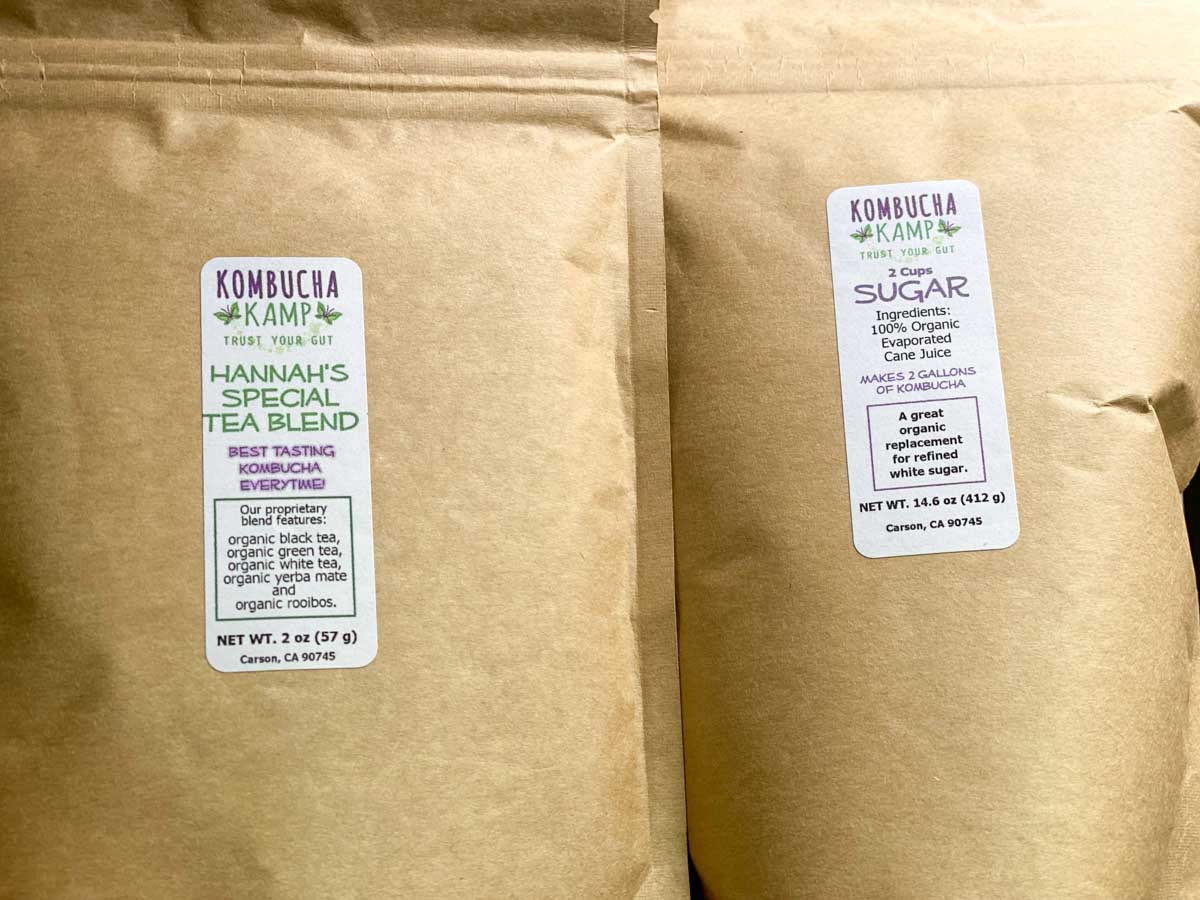 bags of organic sugar and tea blend from kombucha kamp