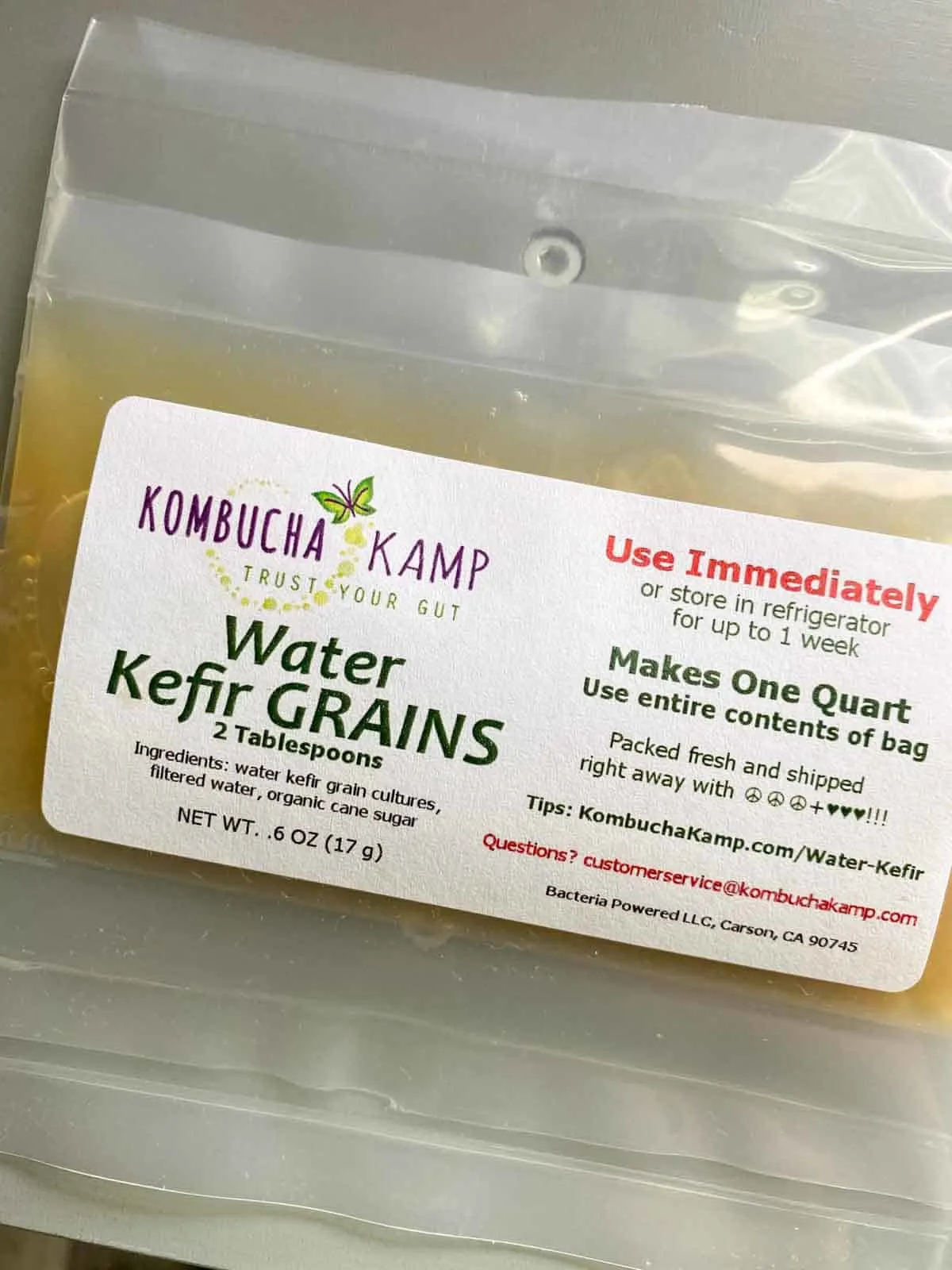 water kefir grains from kombucha kamp in package