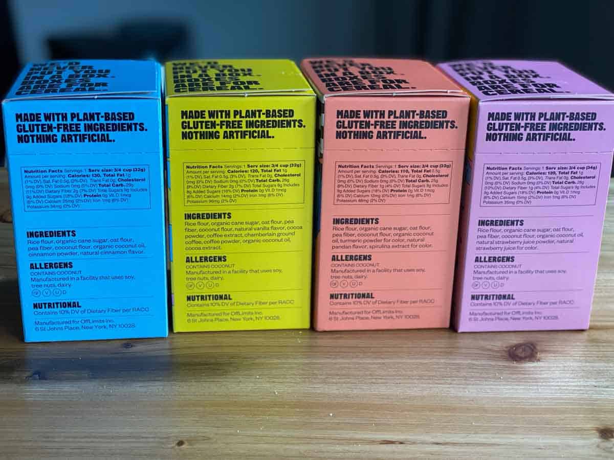 the side box of 4 mini boxes of Offlimits cereal