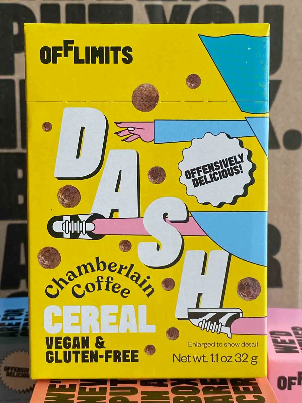 front of DASH mini coffee OffLimits cereal box