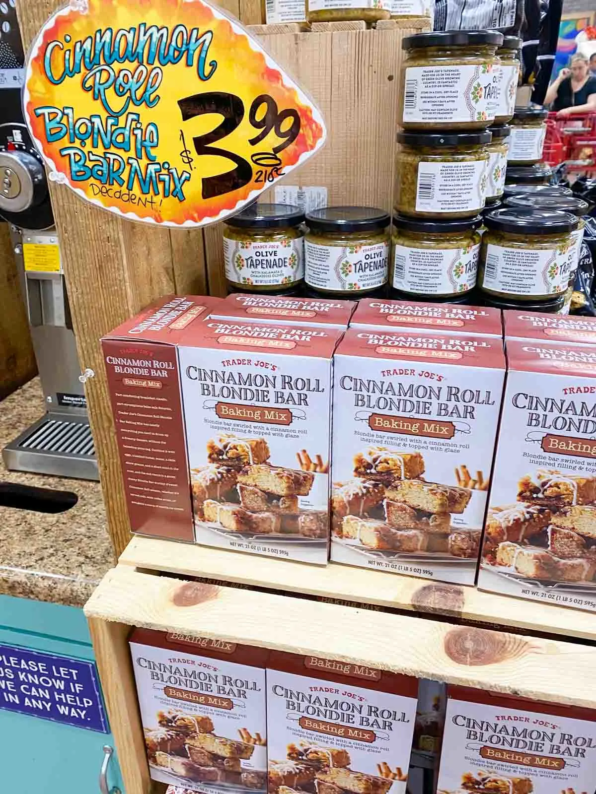 Trader Joe's cinnamon roll blondie bar mix on shelf