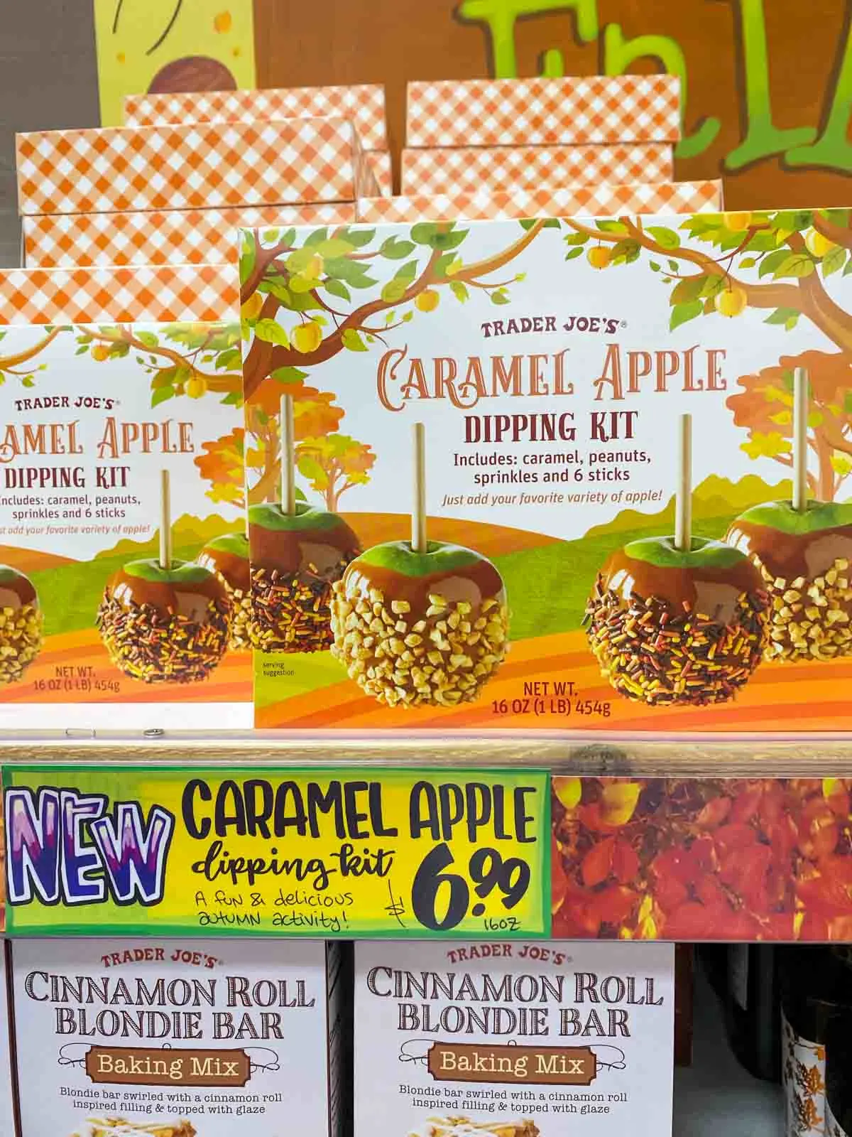 Trader Joe's caramel apple dipping kit on shelf