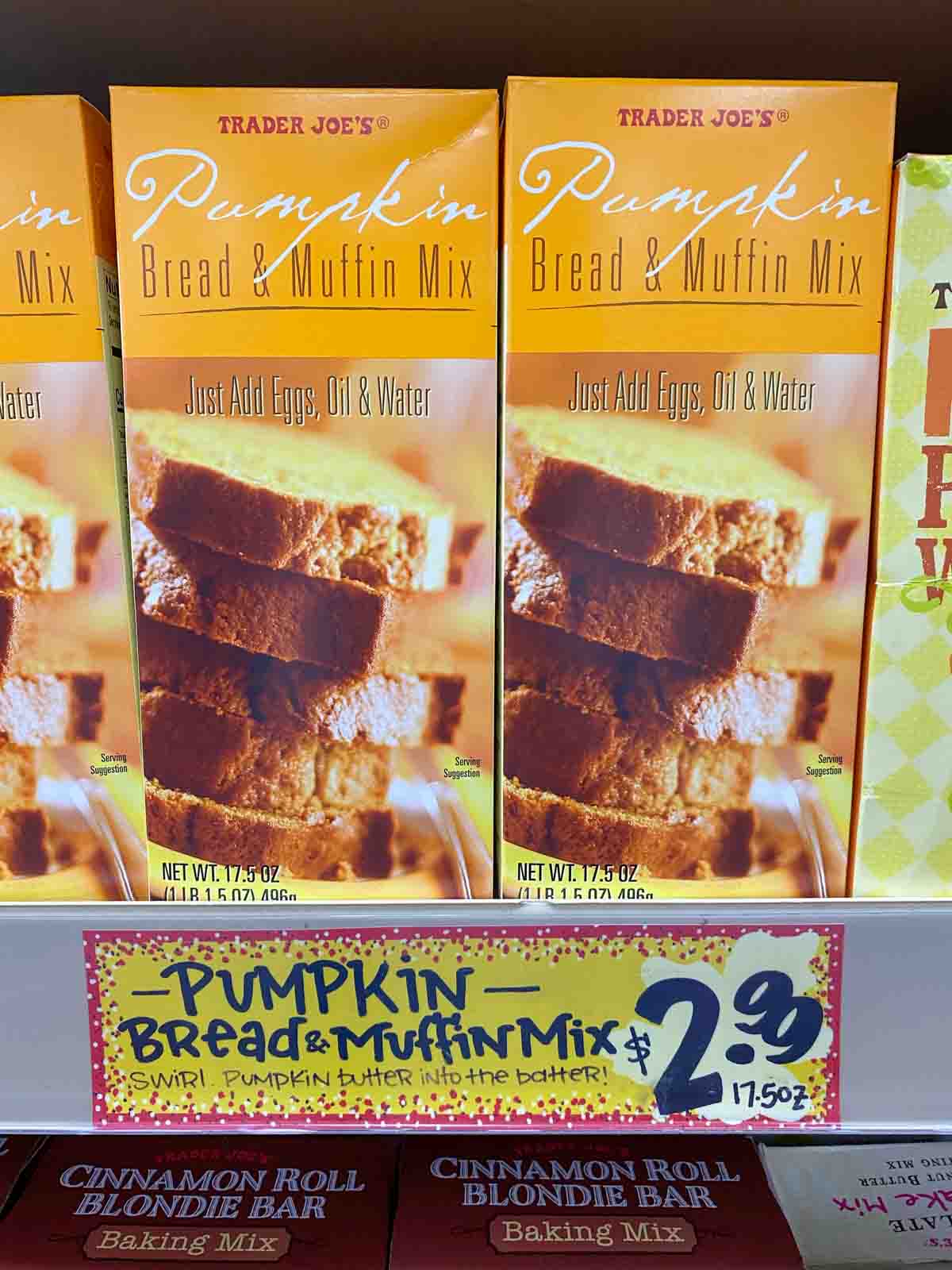 Trader Joe's pumpkin bread and muffin mix on shelf