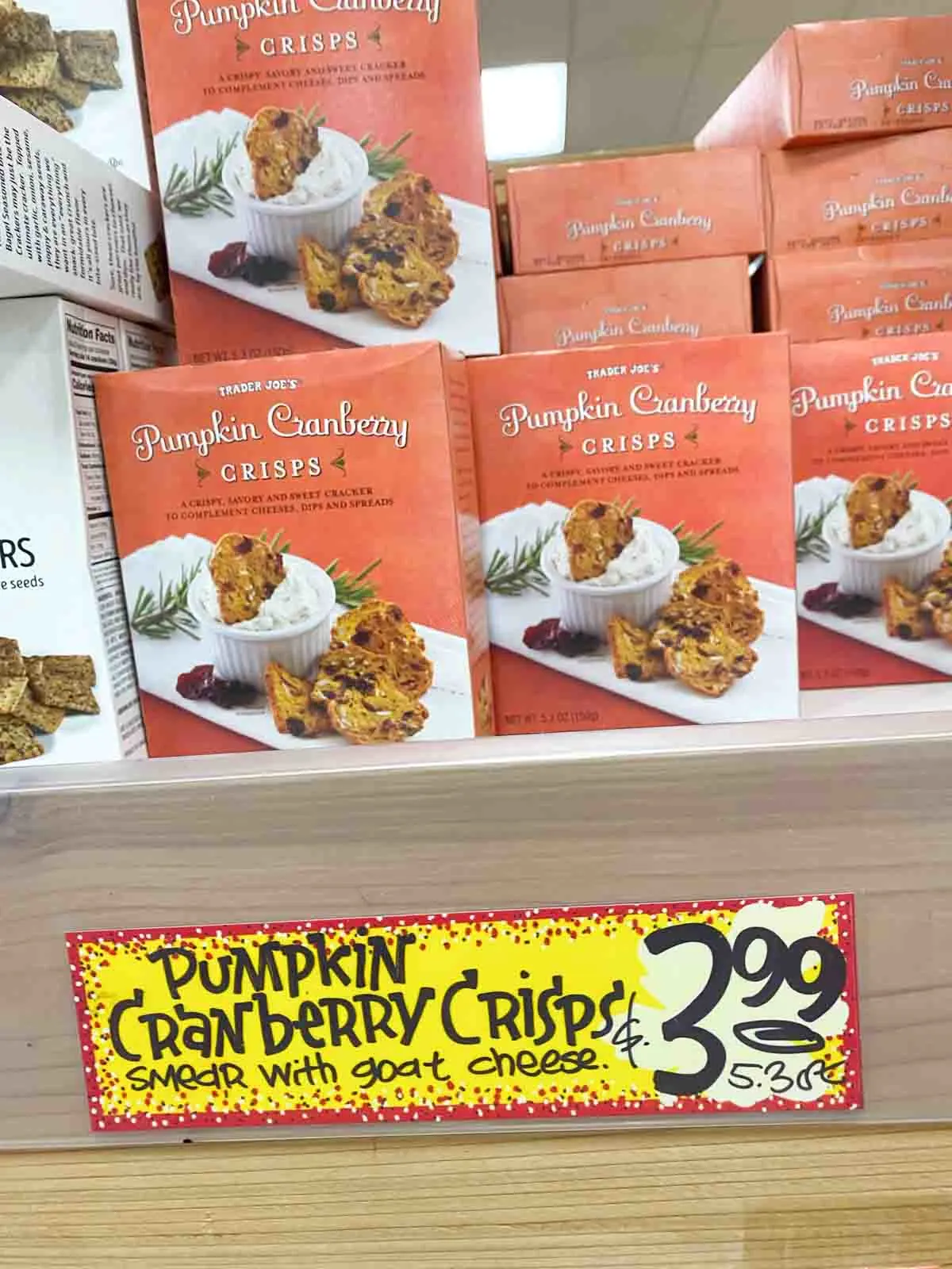 Trader Joe's pumpkin cranberry crisps on shelf