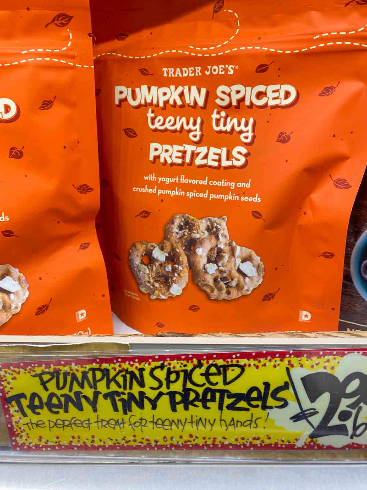 Trader Joe's Pumpkin Spiced teeny tiny pretzels on shelf