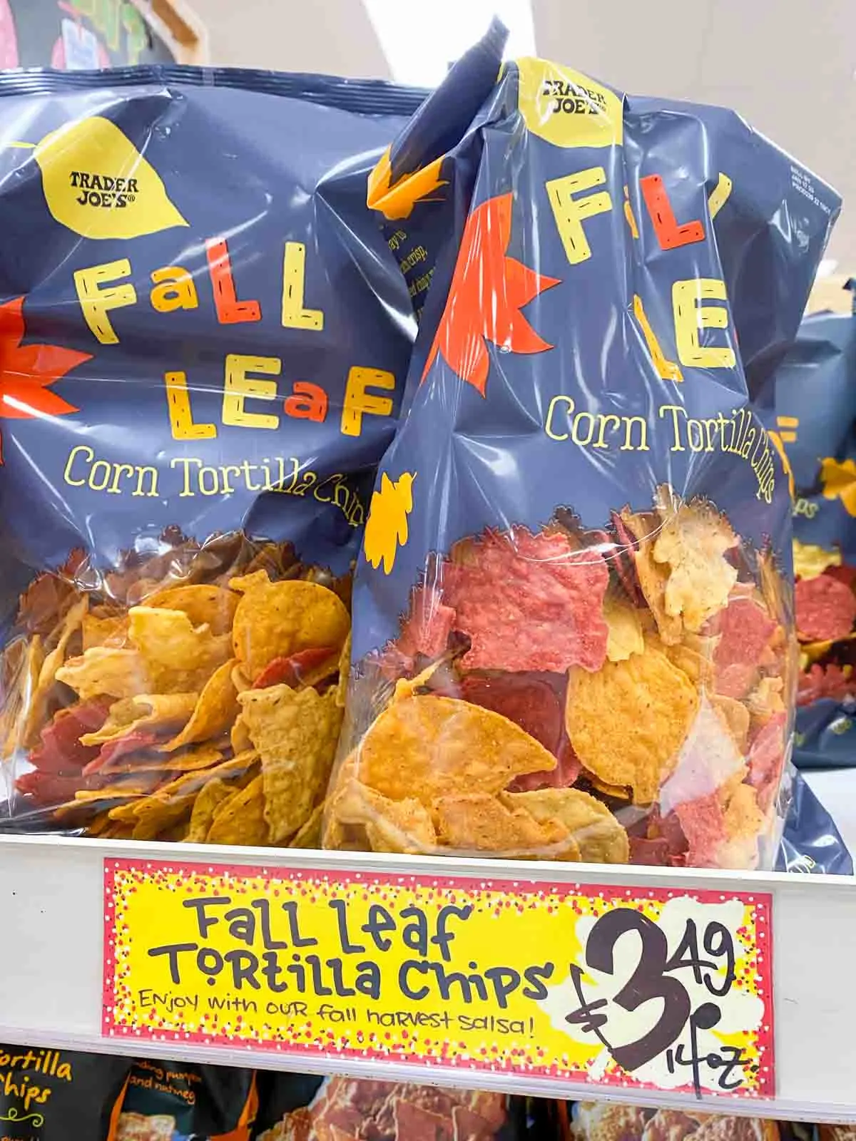 Trader Joe's Fall Leaf Tortilla Chips on shelf